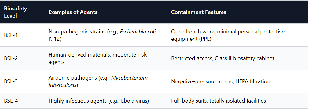 Biosafety levels, example agents, and primary containment features